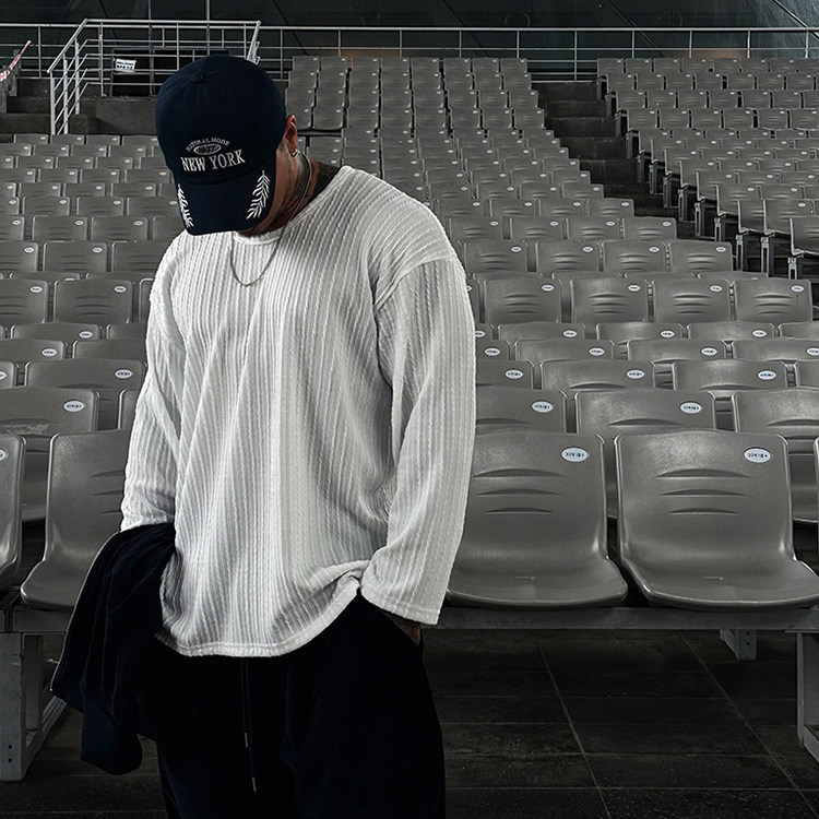 韩国东大门代购时尚高街潮流百搭宽松打底个性休闲U领长袖T恤衫男