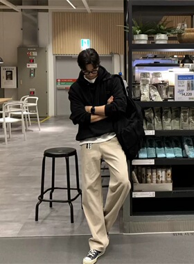 韩国东大门代购DUDE高品斜纹cleanfit半松紧腰宽松直筒休闲裤