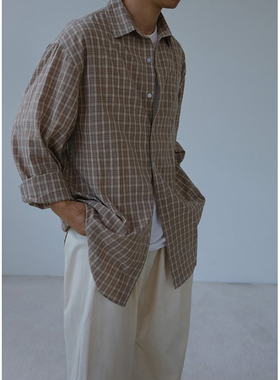 顾客转卖！男装东大门HENDEL时尚宽松休闲复古格子慵懒风长袖衬衫