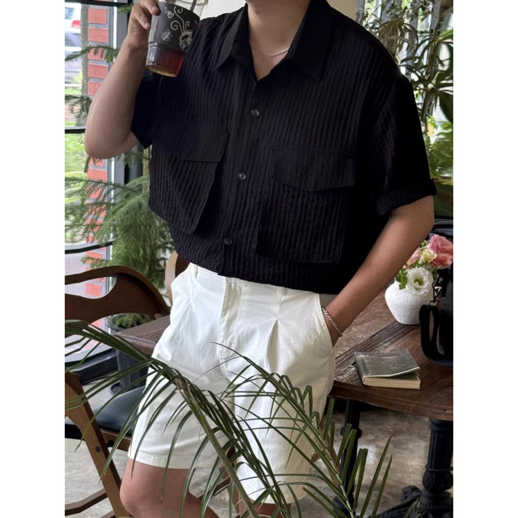 韩国东大门代购街头潮流个性肌理感立体双口袋轻薄休闲短袖衬衫男