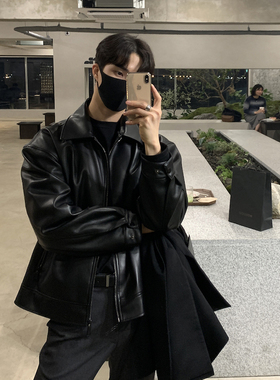 东大门韩国代购男女简约设计质感拉链翻领复古机车PU皮夹克外套LP