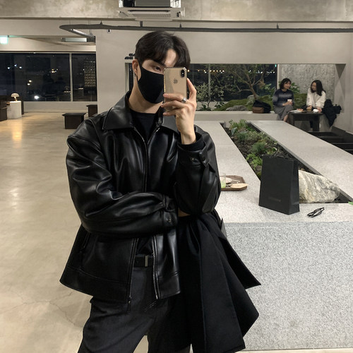 韩国代购男女简约PU软皮夹克外套