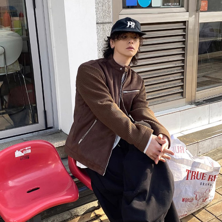 韩国东大门代购街头潮流个性翻毛鹿皮绒拼接针织小立领夹克外套男