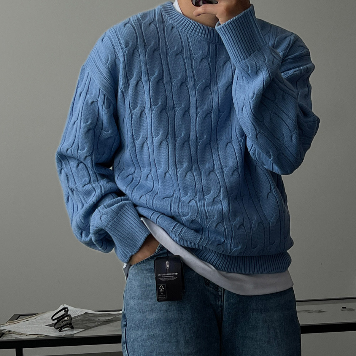 韩国东大门代购复古宽松圆领麻花纹针织衫男士休闲百搭套头毛衣