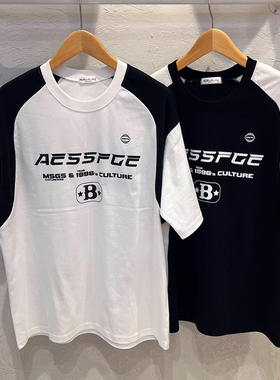 韩国东大门代购男装撞色拼接潮流blockcore字母运动休闲短袖T恤男