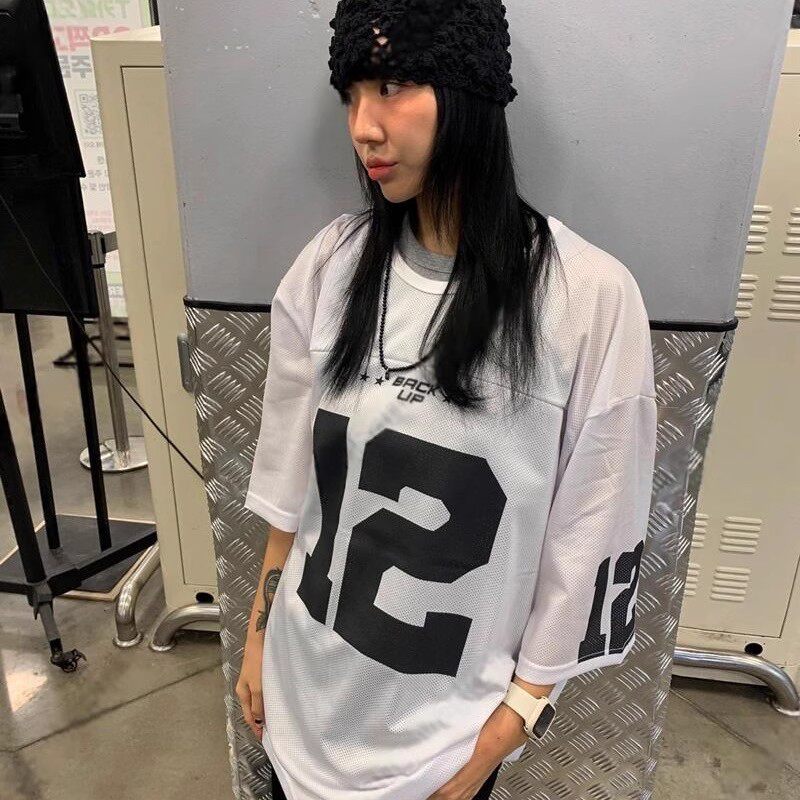 韩国东大门代购高街潮流拼接网眼数字12运动球衣男女款短袖T恤衫