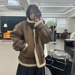 PU皮机车夹克外套 设计师复古皮毛一体男女款 韩国代购 OWN高档时尚