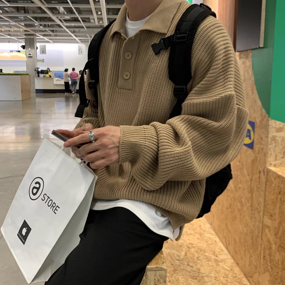 国内现货！韩系男友风慵懒翻领微阔针织衫宽松大码套头毛衣