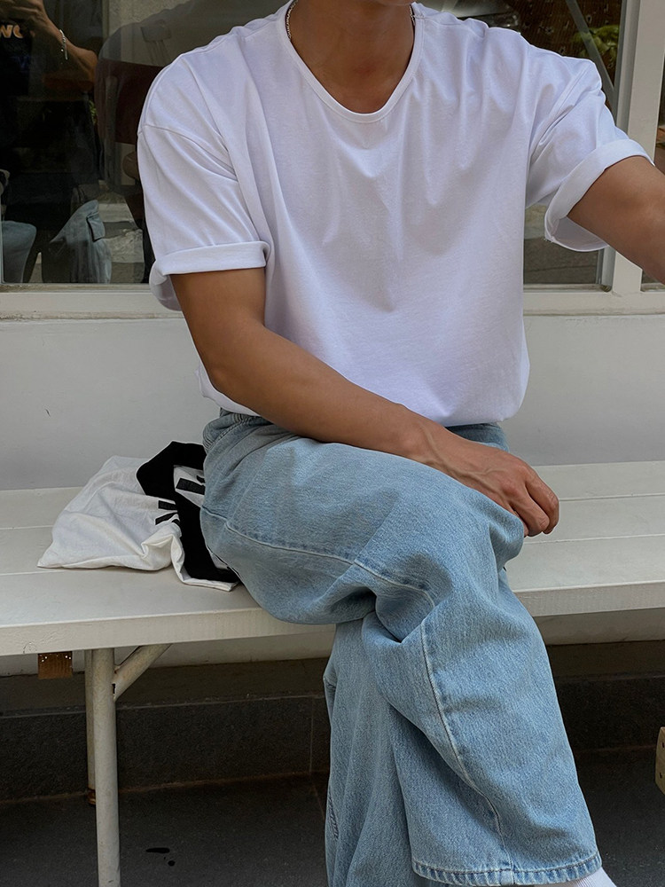 韩国东大门代购男装MENTO夏季高品纯色U型圆领窄边打底短袖T恤衫