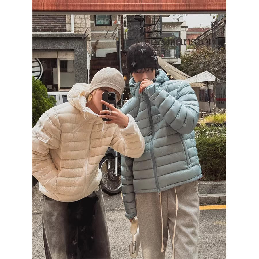 韩国东大门代购冬时尚连帽轻量格子暗纹时尚拉链抽绳羽绒服外套男