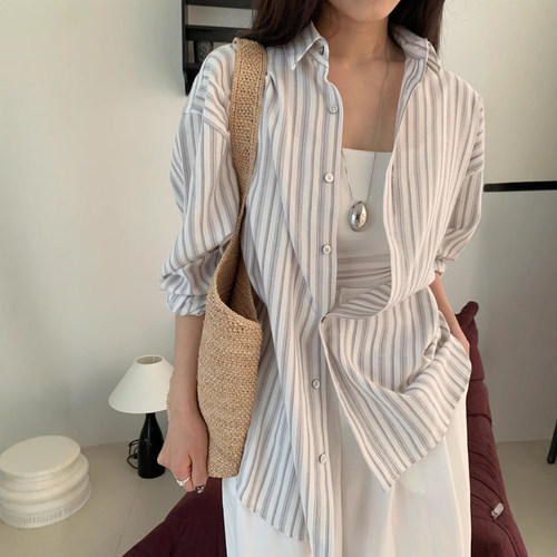 韩国代购男女薄款条纹长袖衬衫