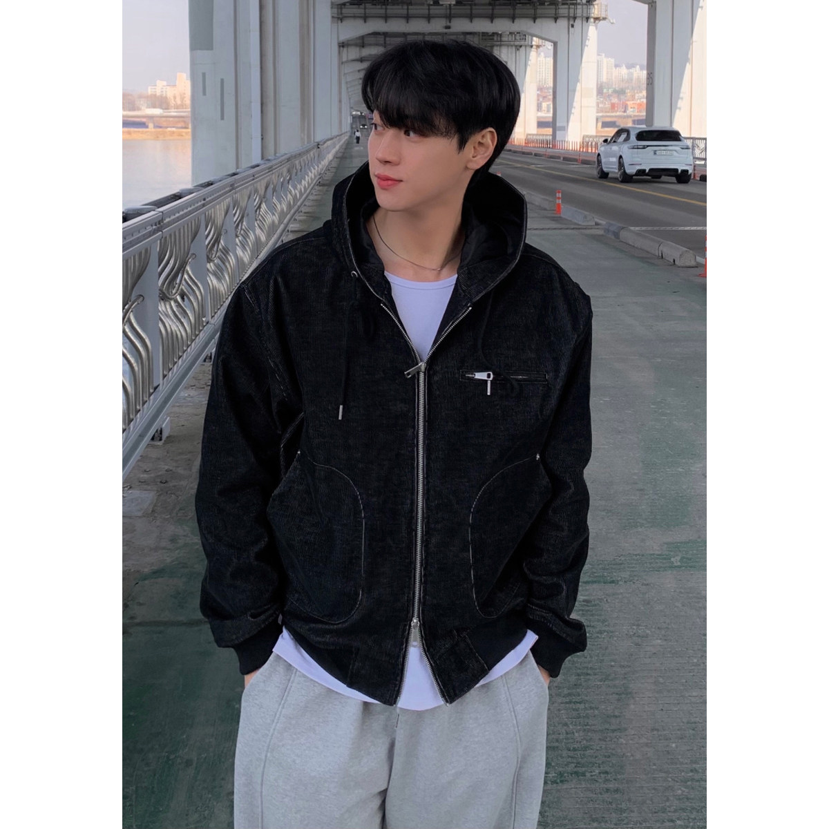 韩国东大门代购时尚重工潮流高品防风连帽灯芯绒工装夹克外套男