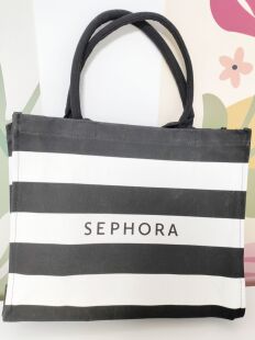 满88包邮 丝芙兰定制黑白条纹手提帆布包 轻微做工瑕疵
