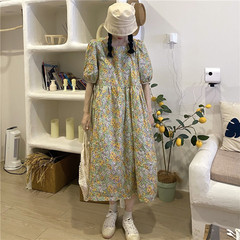 Real price Korean Daisy floral bubble sleeve mid length dress