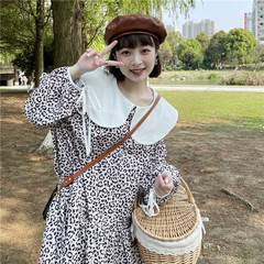 Real price baby collar loose bubble sleeve Leopard Dress