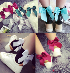 包邮 三双 日系卷边后跟大蝴蝶结棉袜甜美中筒袜文艺复古短袜成人袜