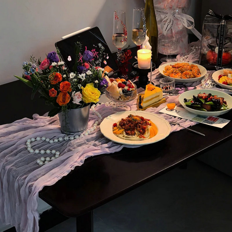 轻奢法式褶皱餐桌布生日宴会装饰