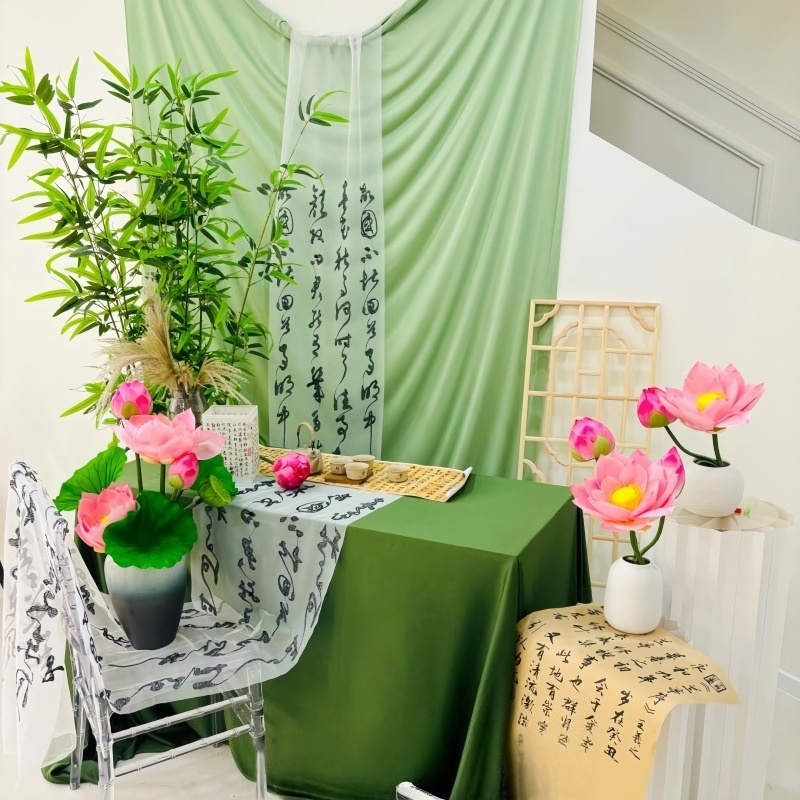 新中式国风中秋节氛围感活动场景布置绿色主题甜品台摆件布幔桌布