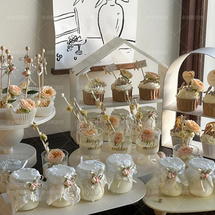 香槟色婚礼甜品台装 饰蕾丝布丁杯封口布happywedding慕斯杯贴纸