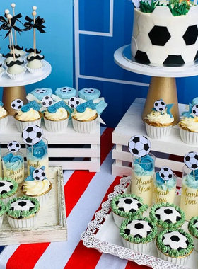蓝色足球主题甜品台装饰happybirthday慕斯贴纸足球小子蛋糕插件