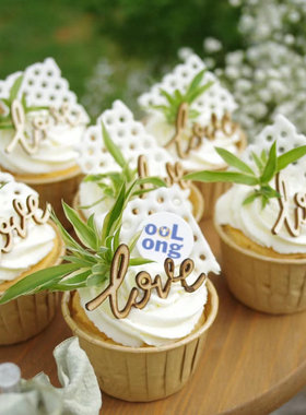 森系婚礼甜品台装饰木牌love纸杯蛋糕摆件wedding布丁杯木质插件