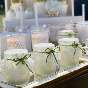 森系绿色甜品台布丁杯装 饰纸蕾丝封口布鹿皮纸绳慕斯杯推推乐贴纸