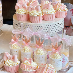 粉色甜品装 饰女孩公主婚礼纸杯蛋糕摆件插牌推推乐贴纸100天插件