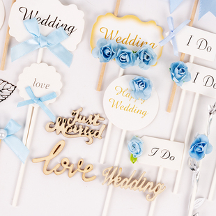 蓝色甜品台装 饰木片love纸杯蛋糕插件结婚慕斯杯贴纸蝴蝶结绑带