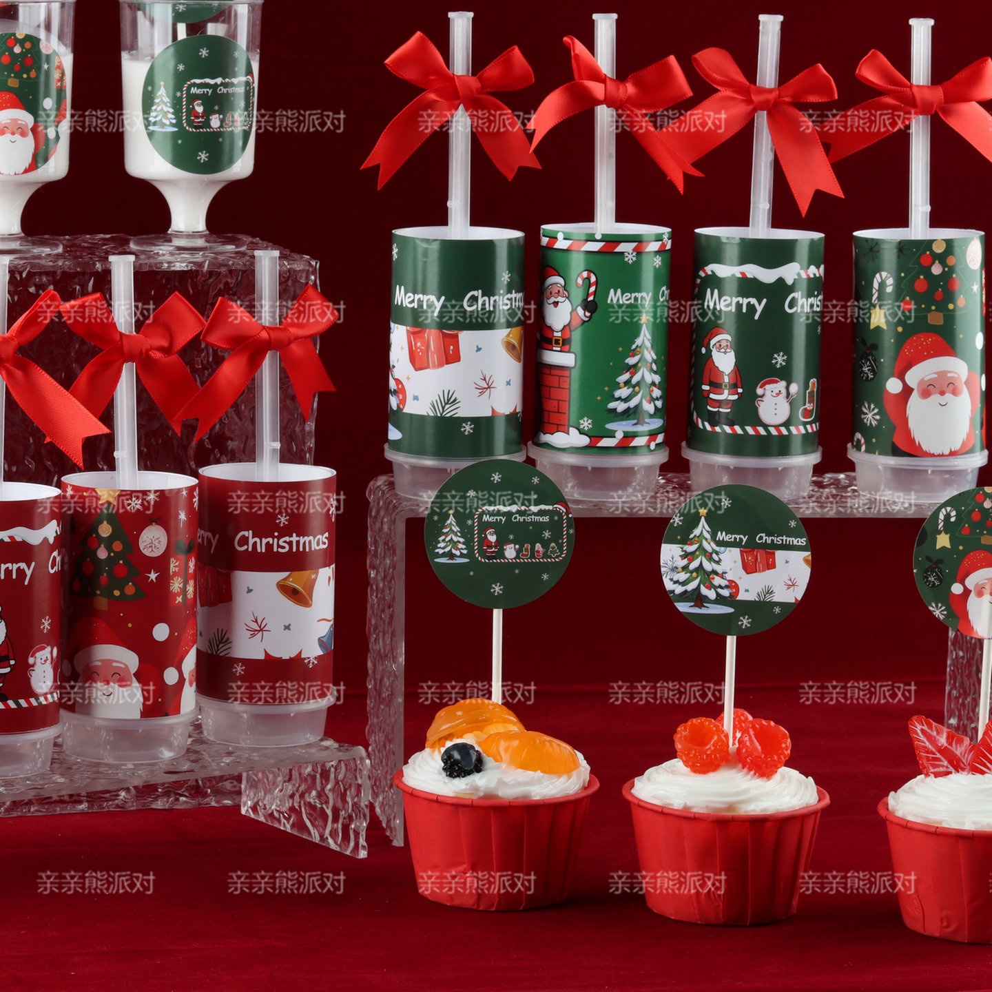 圣诞装扮红绿色圣诞老人图案烘焙贴纸节日蛋糕气氛甜品台配件