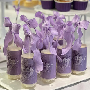 紫色系生日甜品台装 饰万事顺利布丁杯封口纸推推乐贴纸慕斯杯插件