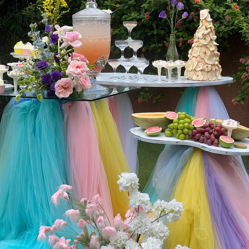 粉色网纱布创意桌旗餐桌装饰布生日派对轻奢氛围感布置婚庆桌布