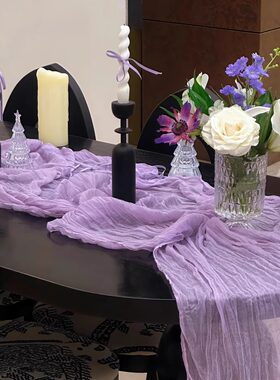 紫色婚礼桌布氛围感布置桌旗纱幔