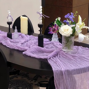 紫色纱生日布置氛围感桌面装 饰纱布纱幔沙龙褶皱桌旗甜品台桌布
