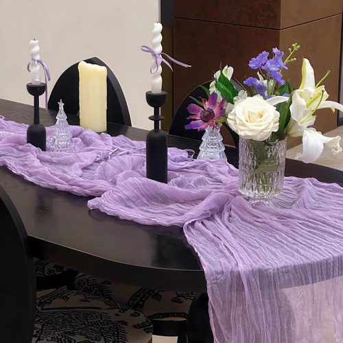 紫色婚礼桌布氛围感布置桌旗纱幔