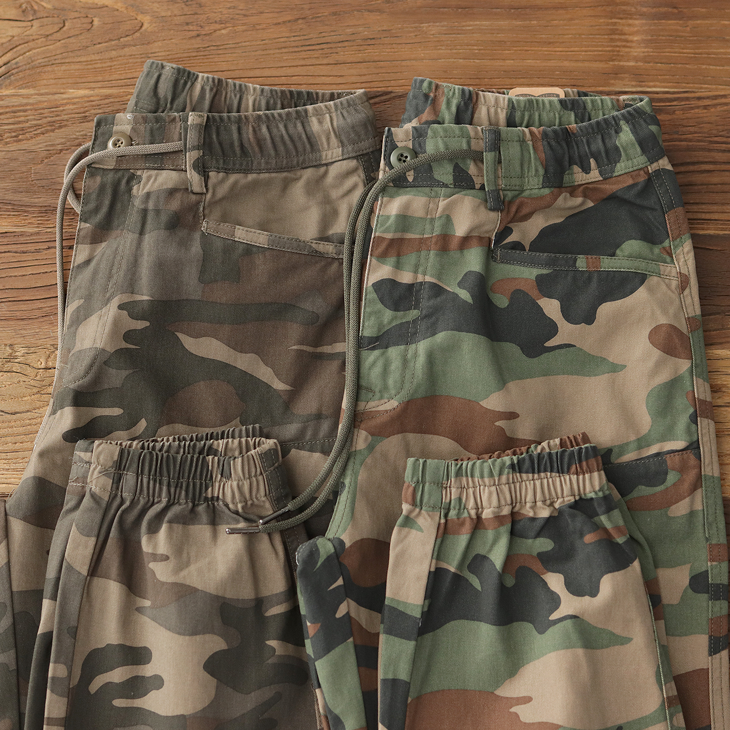 迷彩束脚裤男松紧腰拉链抽绳美式复古纯棉水洗宽松直筒休闲工装裤