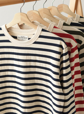 阿美咔叽条纹海魂打底衫美式复古重磅纯棉休闲圆领长袖T恤男春秋