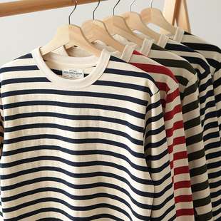 T恤男春秋 复古重磅纯棉休闲圆领长袖 阿美咔叽条纹海魂打底衫 美式