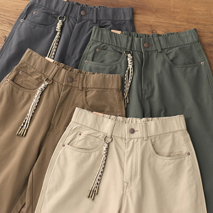 美式 直筒休闲裤 复古老爹裤 卡其男士 男 松紧腰纯色纯棉工装 春秋新款