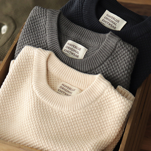 重磅落肩宽松毛衣男日系复古菠萝提花慵懒粗针加厚圆领针织衫 外套