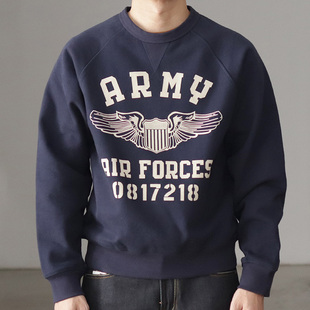 490G重磅卫衣男纯棉加厚秋冬款 复古印花插肩圆领外套 阿美咔叽美式