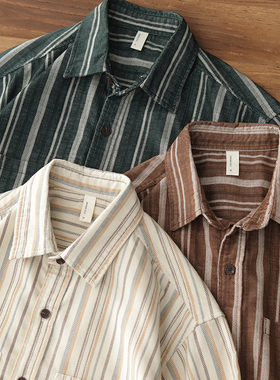 日系复古文艺休闲宽松灯芯绒撞色衬衣秋季新款条纹衬衫男长袖上衣