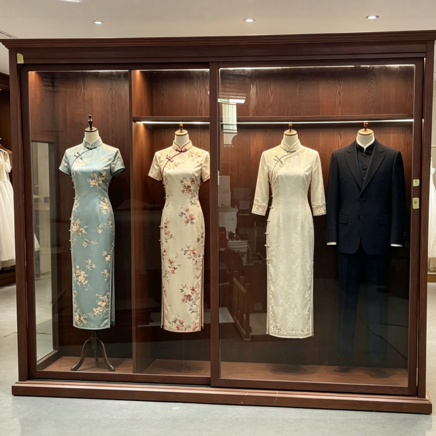 中古风钢化玻璃展示柜民风服装展柜商用展厅陈列柜复古服装婚纱柜