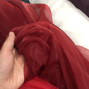特时尚 性感纯色透明婚纱裙子布料深红色酒红玻璃纱欧根纱面料