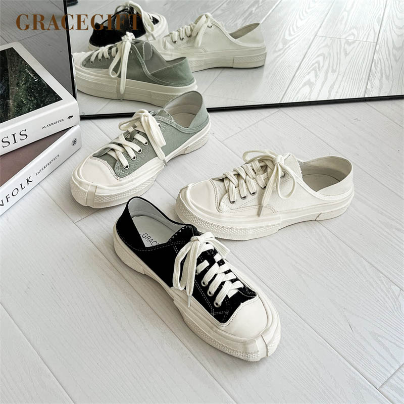 grace gift帆布鞋女两穿半拖鞋绑带休闲运动小白鞋外穿包头低帮