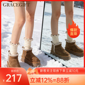 Grace 加厚加绒保暖防滑棉鞋 gift真皮雪地靴女冬季 短筒厚底毛毛鞋
