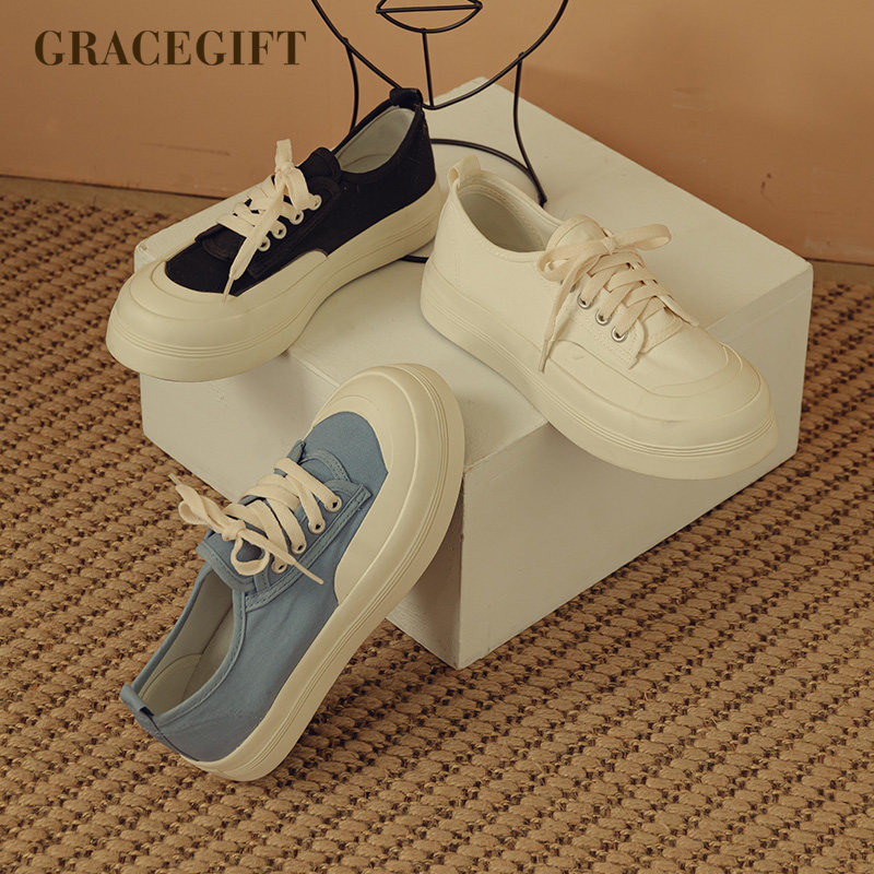 grace gift帆布鞋女春季新款圆头系带平底休闲鞋时尚简约舒适单鞋