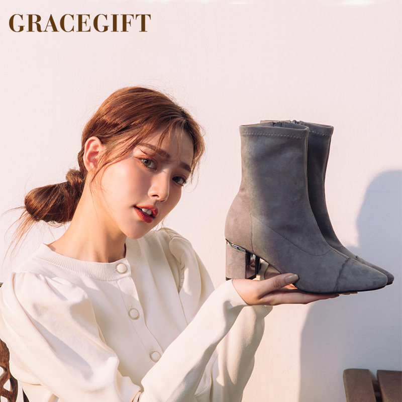 grace gift短靴女尖头高跟袜靴侧拉链粗跟短筒女靴