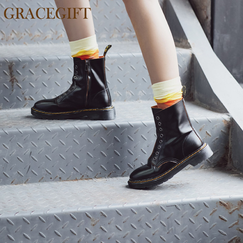 grace gift无绑带马丁靴女真皮厚底短筒粗跟侧拉链