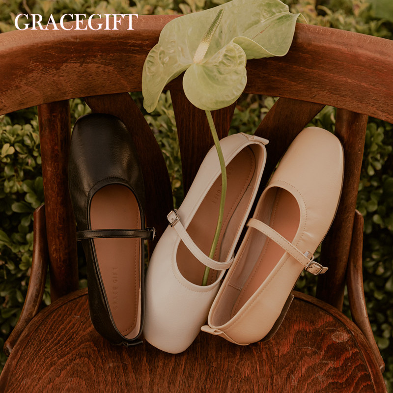 grace gift玛丽珍女方头浅口平底扣带奶奶鞋甜美百搭圆头仙风单鞋