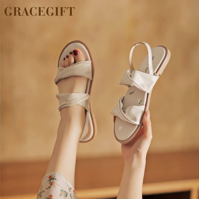 grace gift凉拖鞋女新款印花宽带清爽舒适平底一脚蹬懒人纯色露趾